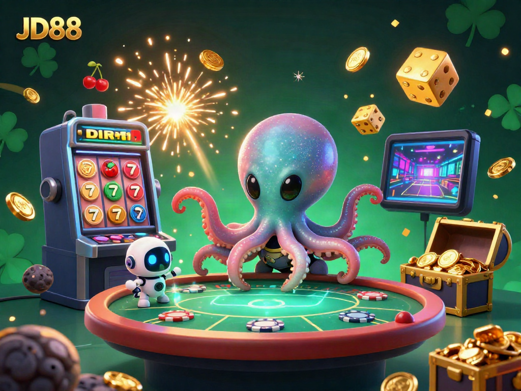 Experience JD88 with a vibrant alien octopus running holographic poker amidst dazzling casino games.