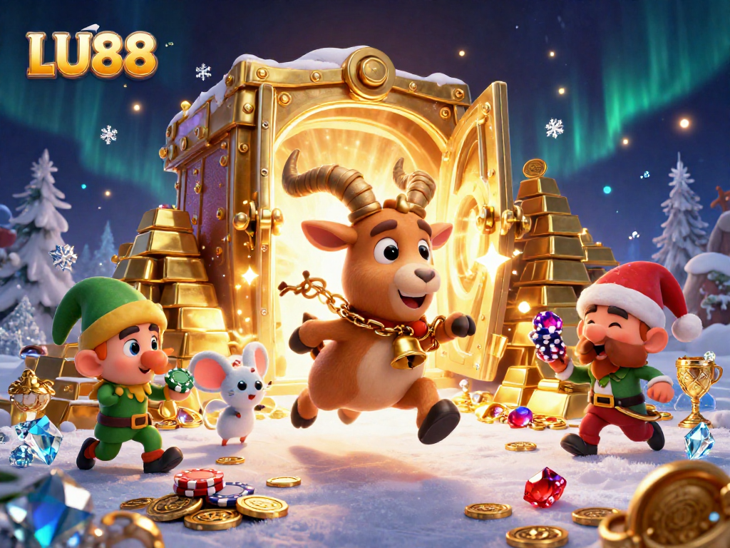 Experience the excitement of LU88 with a dynamic casino scene featuring whimsical characters and treasure