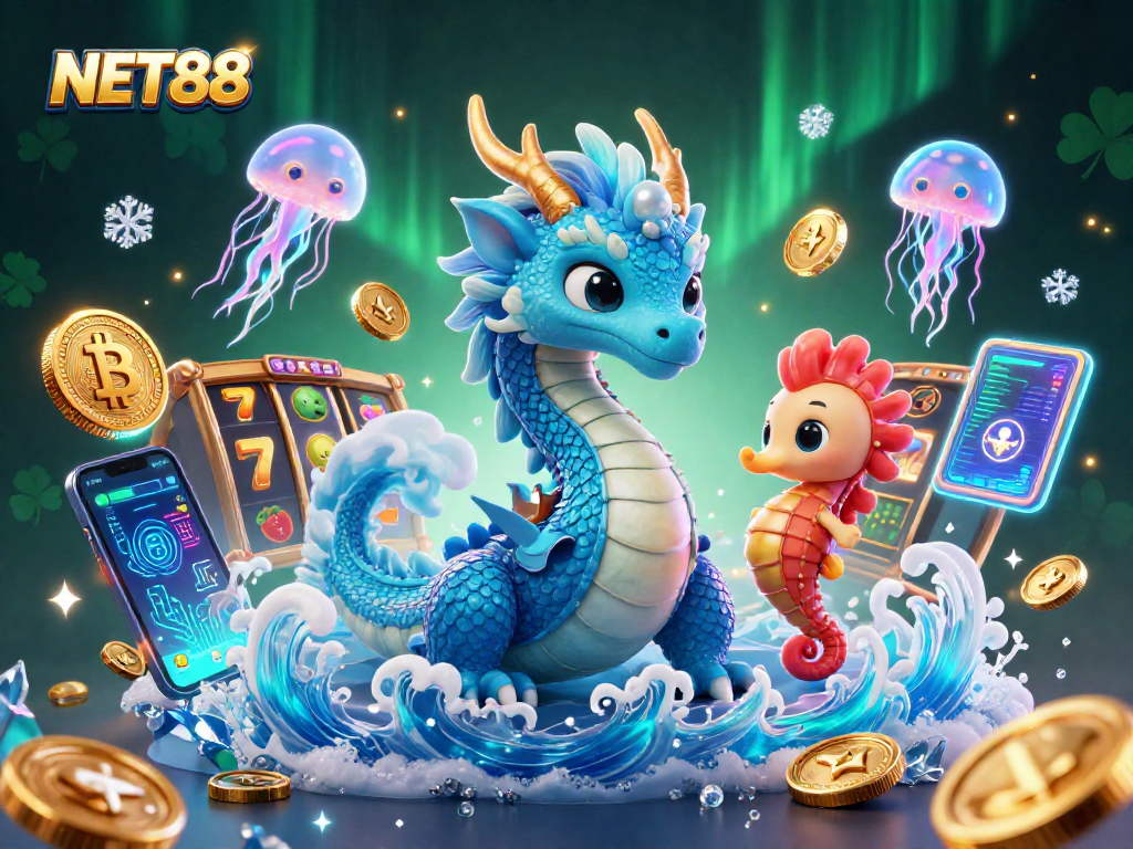 Experience the thrill of NET88 with this vibrant 3D casino scene featuring characters and cryptocurrency elements.