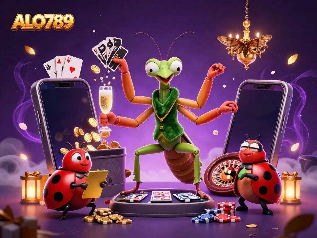 Experience the thrill of ALO789 with a giant praying mantis dealer and ladybug pit boss in a vibrant casino atmosphere.