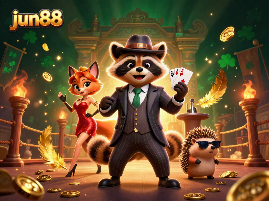 Experience excitement at jun88 with a raccoon holding a royal flush in a vibrant casino scene.