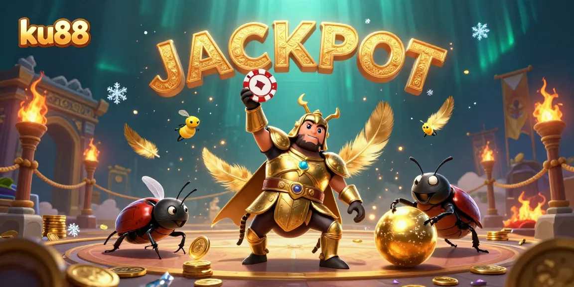 ku88 - A victorious beetle celebrates a jackpot amid vibrant casino elements and dazzling effects.