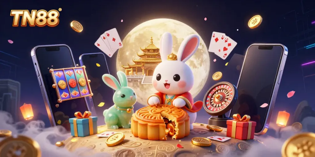 Engage with TN88 as a moon rabbit reveals poker chips within mooncakes amidst casino elements.