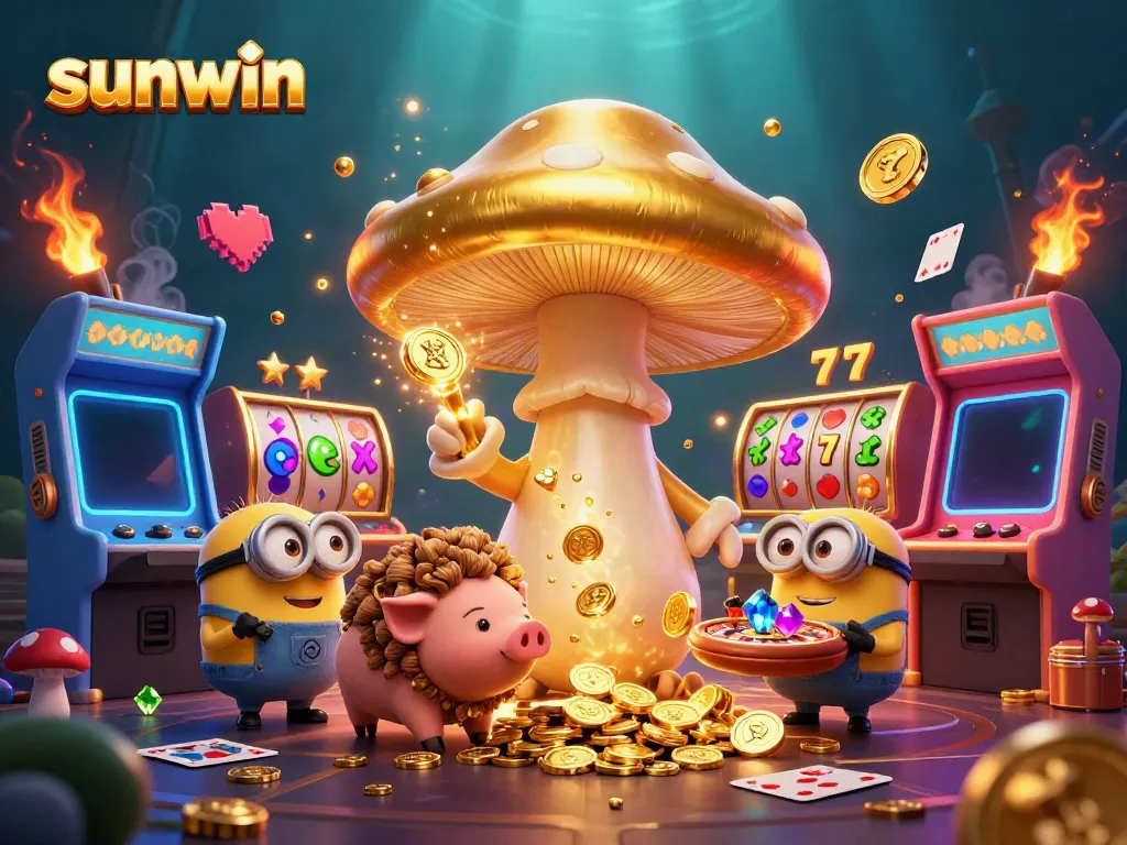Experience gaming magic with sunwin as a golden wizard conjures treasures in a vibrant casino scene.
