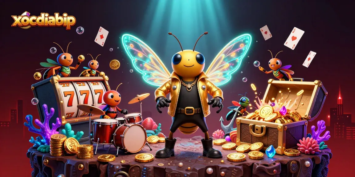 Xocdiabip vibrates with excitement in a vibrant casino scene featuring a cicada rock star and slot reels.