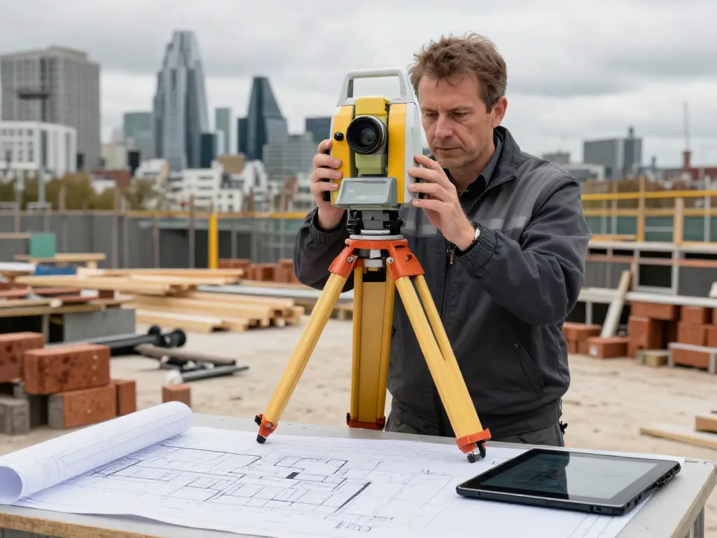 Building Surveyors London using advanced surveying equipment at a construction site in London.