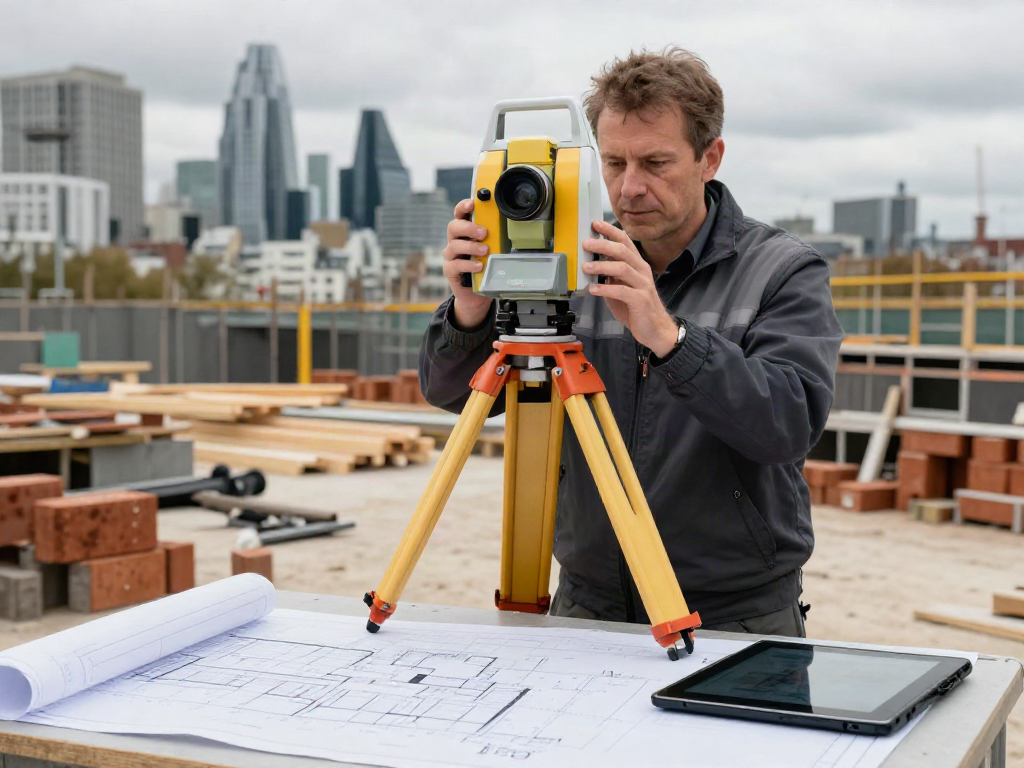 Building Surveyors London using advanced surveying equipment at a construction site in London.