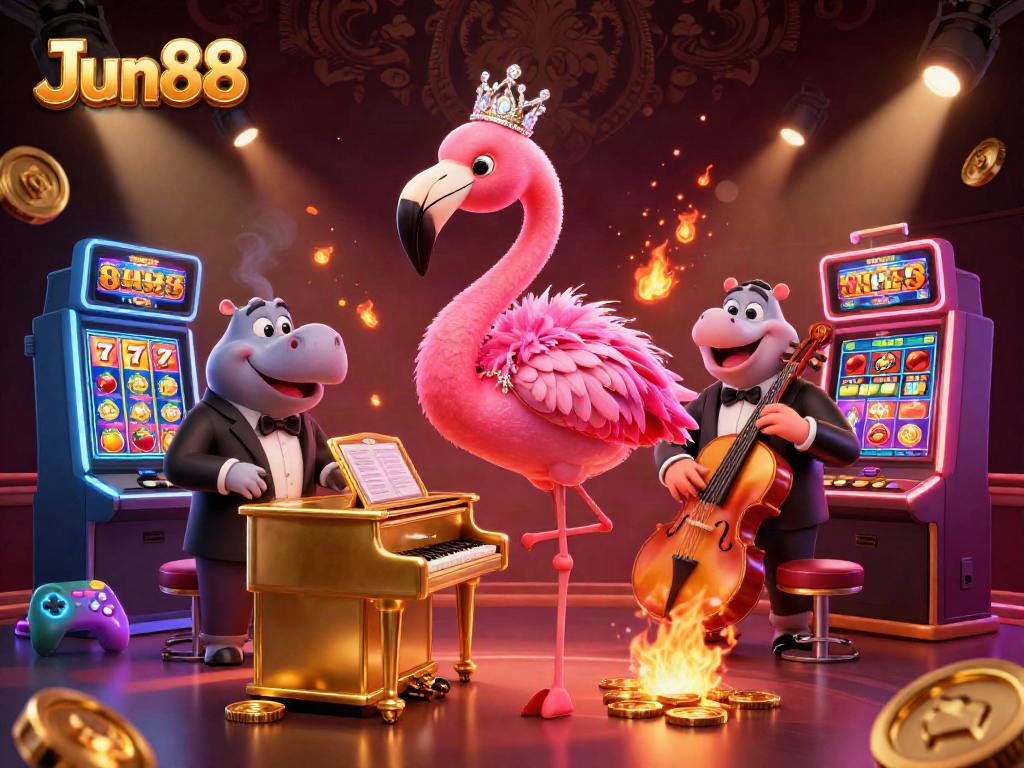 Engage in thrilling gameplay at Jun88's vibrant casino with colorful slot machines and lively characters.