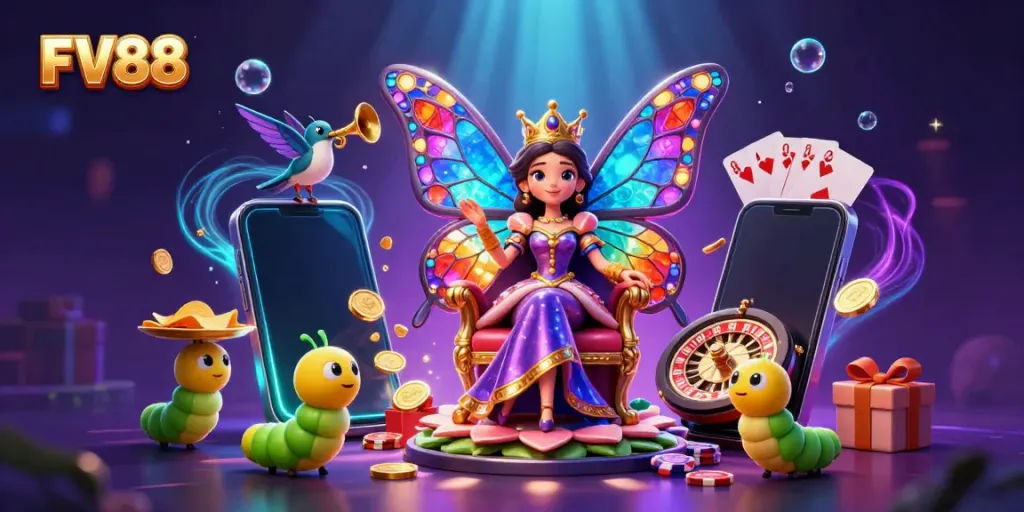 Experience FV88's vibrant world of winning slots and captivating games through a dynamic casino illustration.