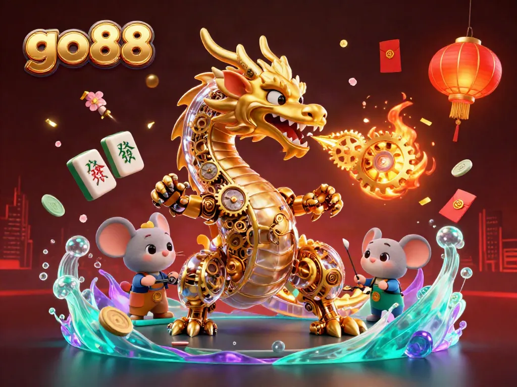 Engage in thrilling wins at go 88 with a dynamic casino scene featuring a 3D golden dragon.