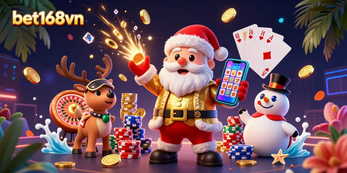 Engage with bet168vn's vibrant casino scene featuring Santa celebrating jackpots with friends.