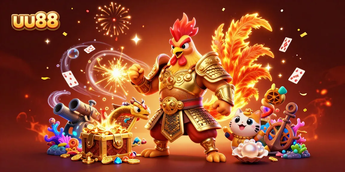 uu88's festive 3D cartoon scene showcases a rooster warrior and dragon amidst explosive treasures.