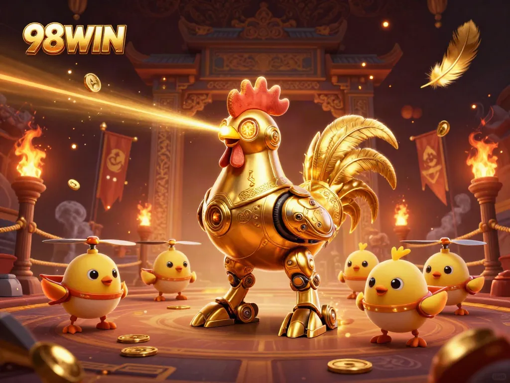 Engage in thrilling gameplay with characters from 98WIN in an epic casino scene filled with gold and excitement.