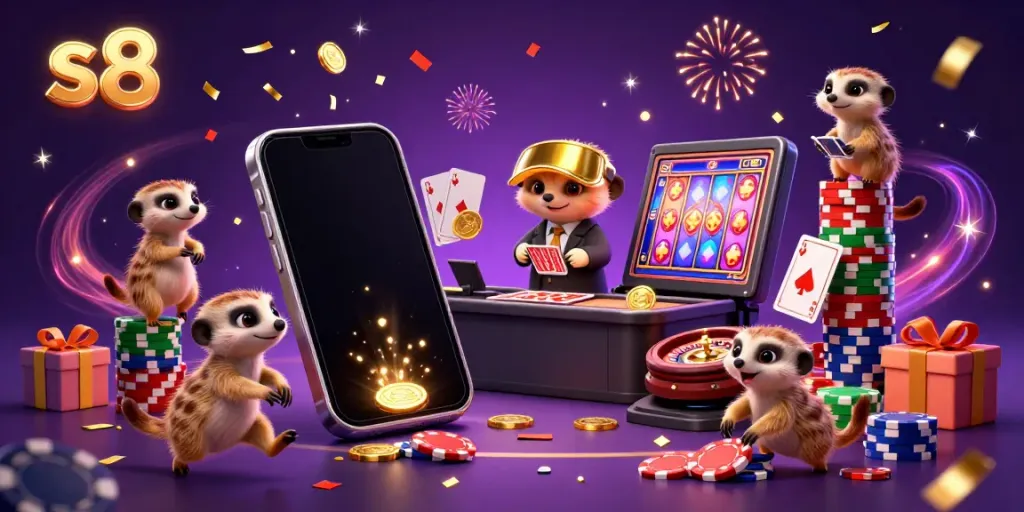 S8's lively casino scene with meerkats managing games, featuring slot games and vibrant poker elements.