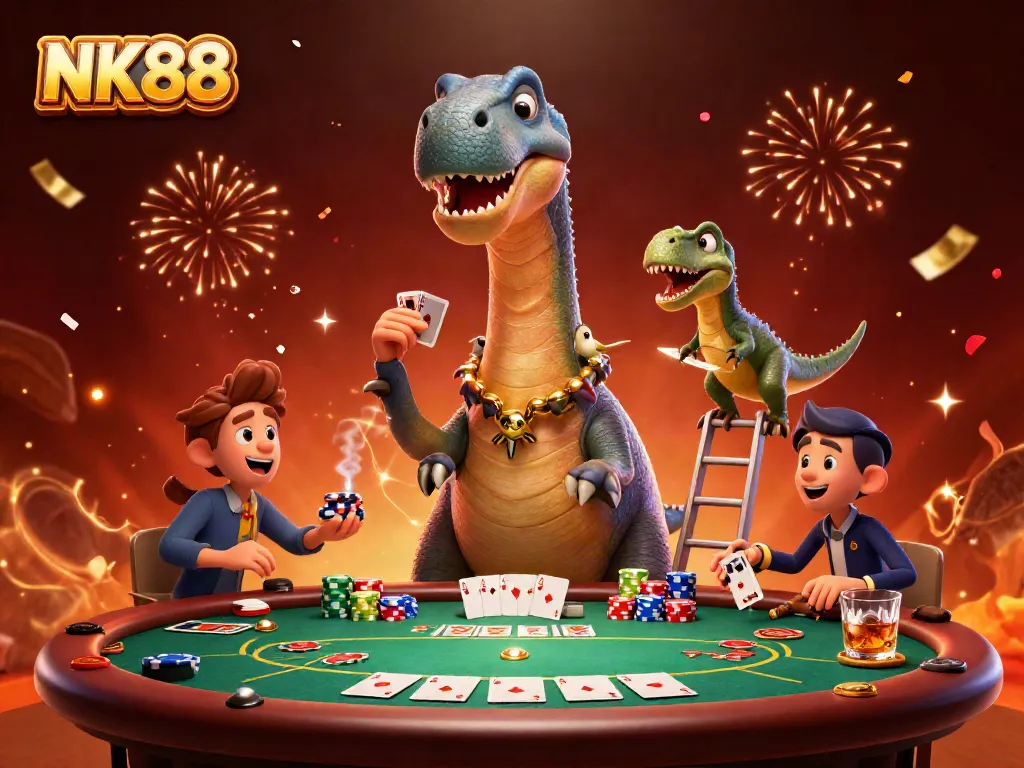 Experience the excitement of NK88 as a giant brontosaurus oversees a lively poker game filled with chips and cards.