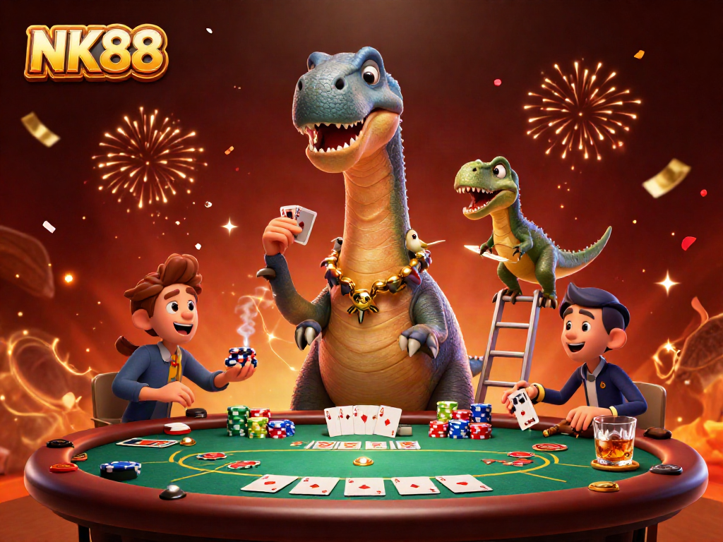 Experience the excitement of NK88 as a giant brontosaurus oversees a lively poker game filled with chips and cards.
