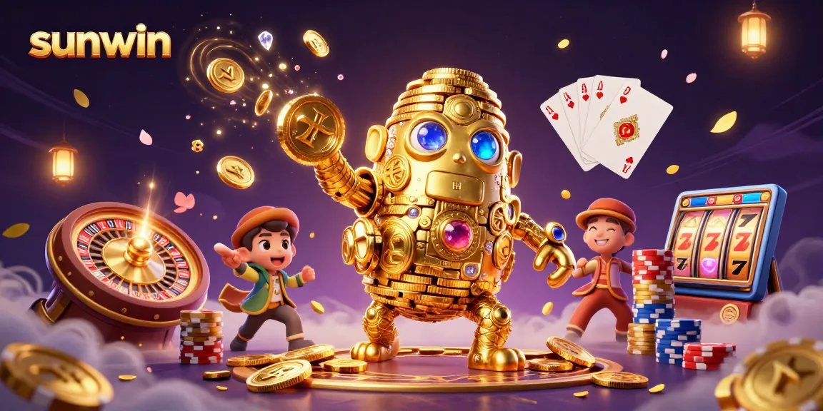 Win big with sunwin as the animated golden golem spins the roulette wheel in a vibrant casino world.