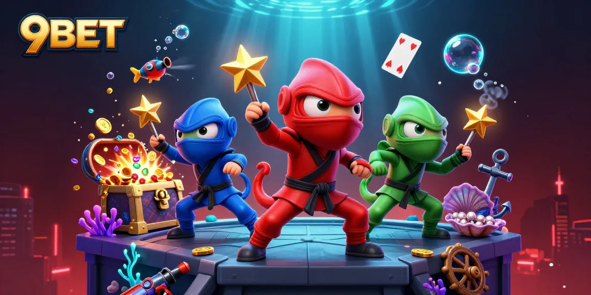 Experience exciting wins with 9BET in a vibrant 3D casino-themed illustration featuring thrilling gaming elements.