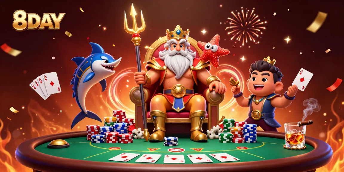 8DAY captures the excitement of a casino scene with Neptune, poker chips, and festive elements.