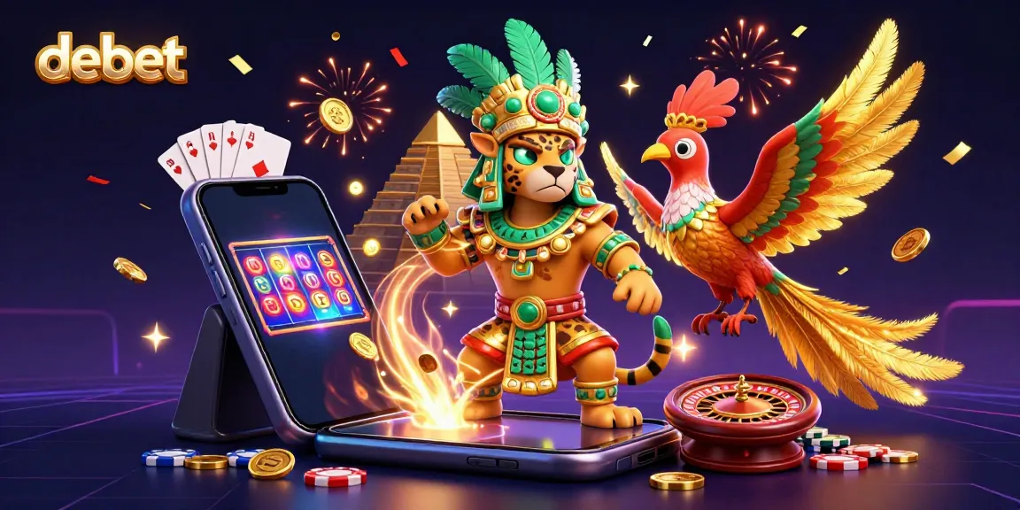 Play the exciting DEBET slot game as the jaguar priest and quetzal companion celebrate wins together.
