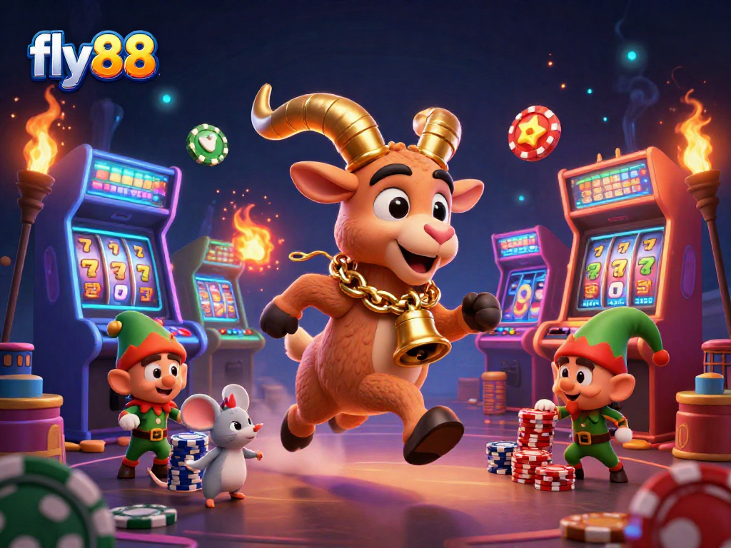 Experience excitement at fly88, a lively casino with animated characters, games, and festive elements.