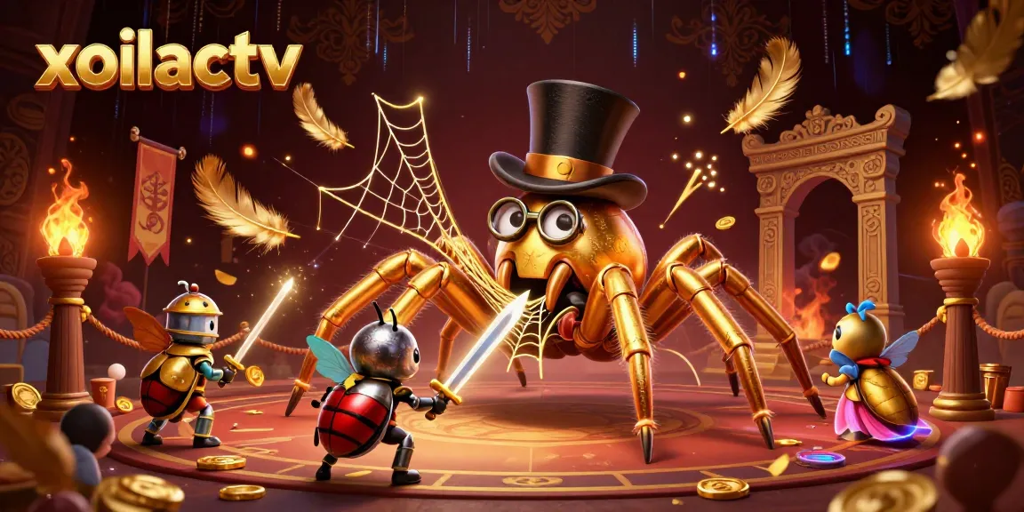 Experience the xoilactv magic in a vibrant casino showdown, featuring a golden tarantula and brave beetle knight.