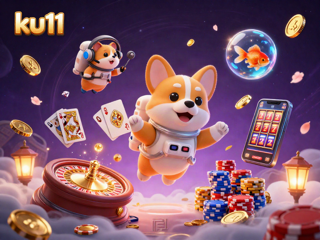 Experience excitement at ku11 casino with a floating astronaut corgi and golden coins everywhere!