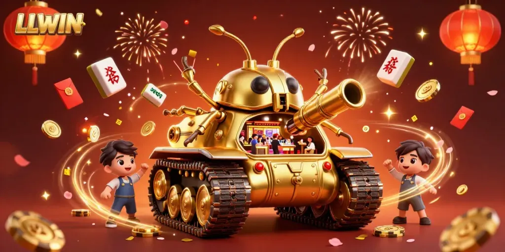 Experience the excitement of LLWIN with a golden beetle tank revealing a vibrant casino scene filled with festivities.
