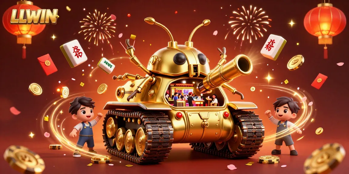 Experience the excitement of LLWIN with a golden beetle tank revealing a vibrant casino scene filled with festivities.