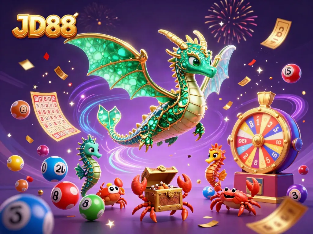 Engage with JD88's vibrant lottery scene featuring a majestic sea dragon and dynamic game elements.
