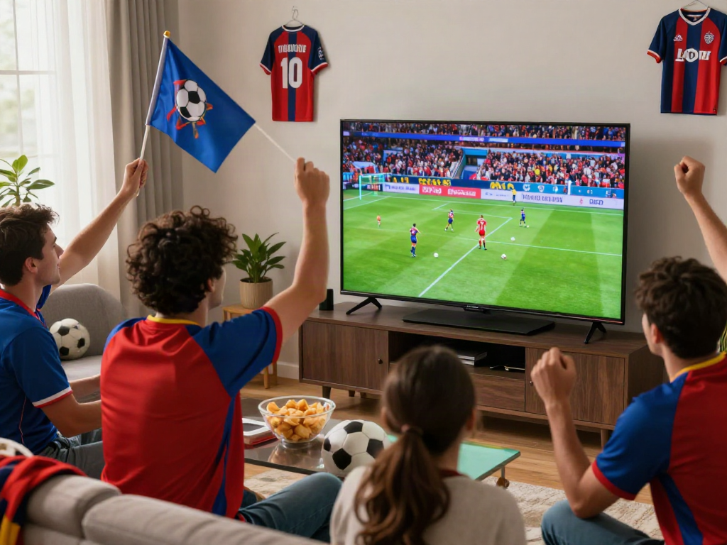 Excited football fans enjoying a match on Xoilactv, creating a vibrant atmosphere with cheers and snacks.
