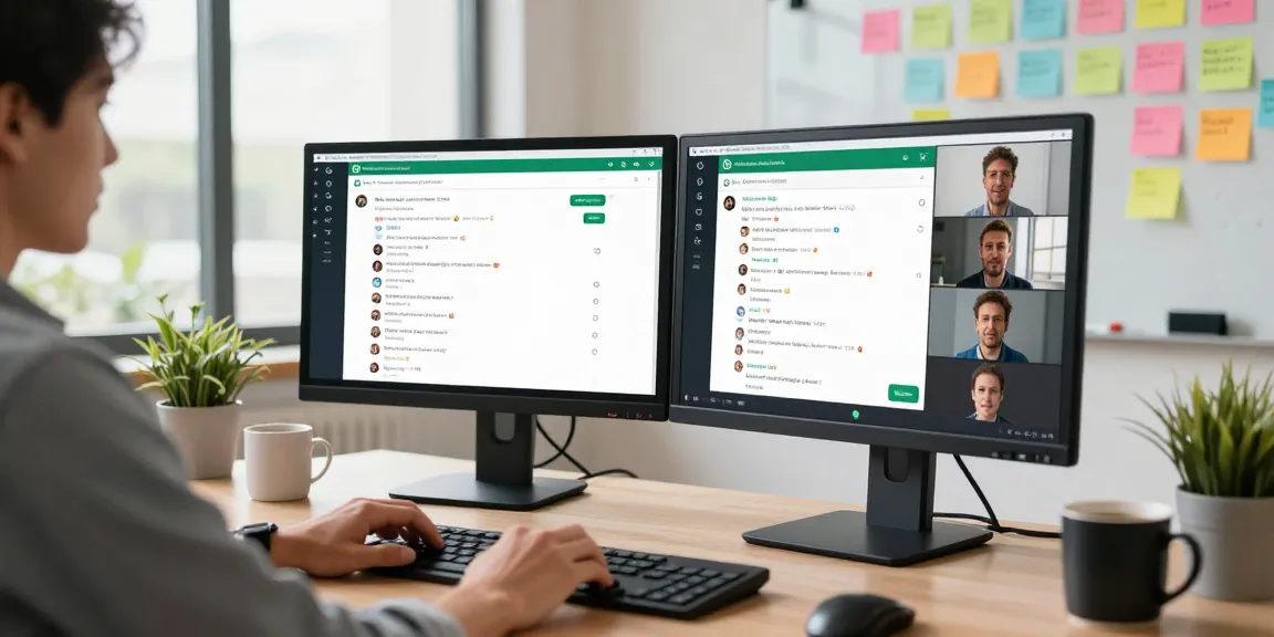 Using WhatsApp網頁版 on a modern desktop setup with dual monitors and vibrant office decor