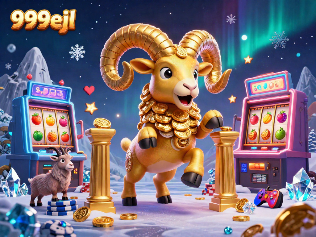 Engage in thrilling gaming at 999eejl with a dynamic 3D scene featuring a golden ram charging through a vibrant casino.