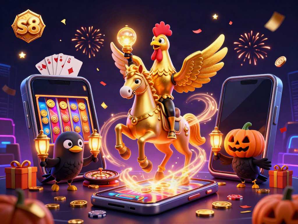 Experience thrilling gaming action at s8 with a golden rooster in a vibrant casino scene.