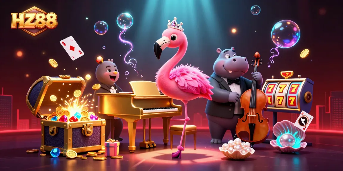 Engage in the HZ88 casino experience with vibrant visuals of a flamingo singer, vibrant games, and dynamic details.