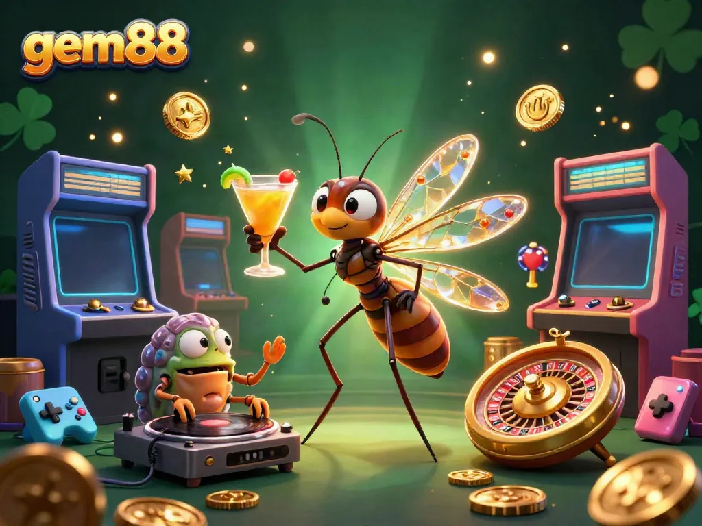 Experience gem88's vibrant casino world with a dynamic scene of unique characters and gaming elements.