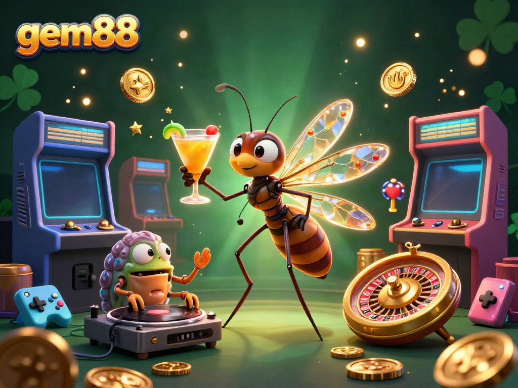 Experience gem88's vibrant casino world with a dynamic scene of unique characters and gaming elements.