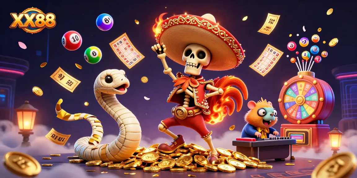 Win big with XX88 while enjoying a vibrant 3D casino scene featuring colorful game elements and characters.