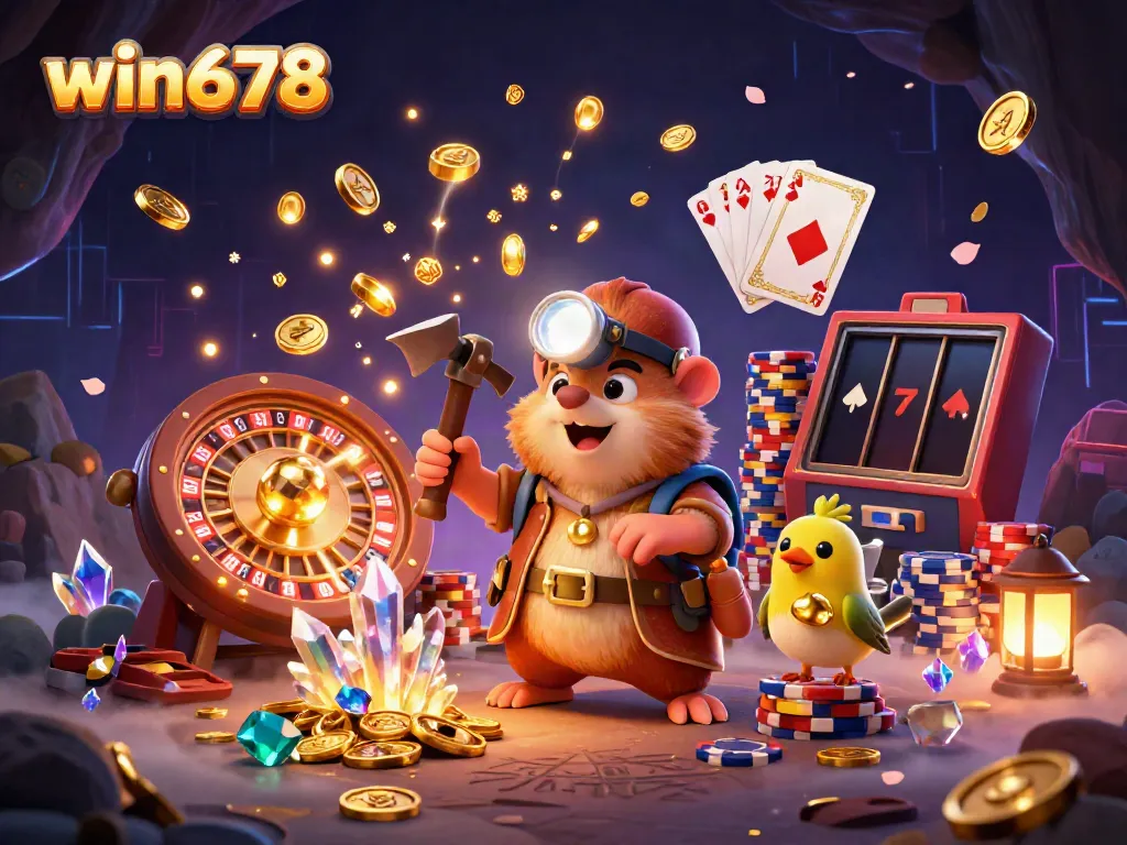 Experience thrilling gameplay at win678 with a treasure hunter mole and vibrant casino elements.