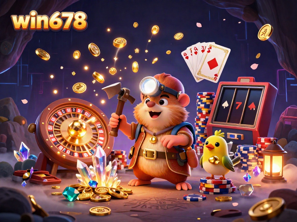 Experience thrilling gameplay at win678 with a treasure hunter mole and vibrant casino elements.
