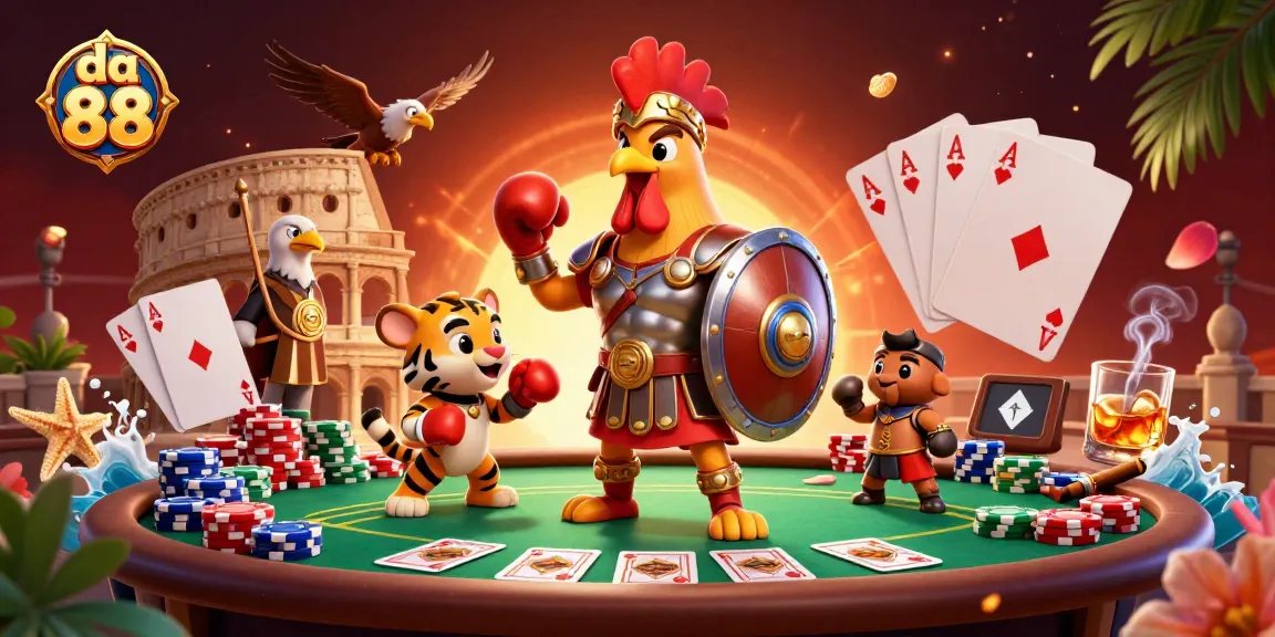 Experience the excitement of da 88 as the gladiator rooster battles with poker elements in a vibrant scene.
