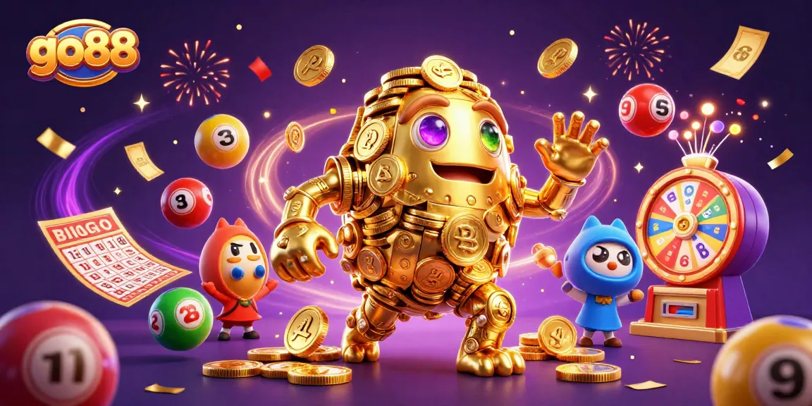 Experience the excitement of go88 with a golden golem surrounded by vibrant gambling elements and festive confetti.