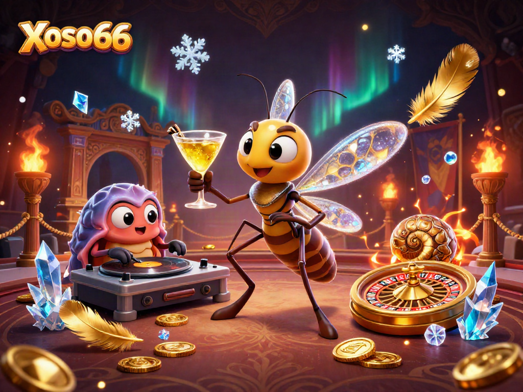 Xoso66 brings luck as a casino mascot with a golden cocktail in this dynamic 3D scene.