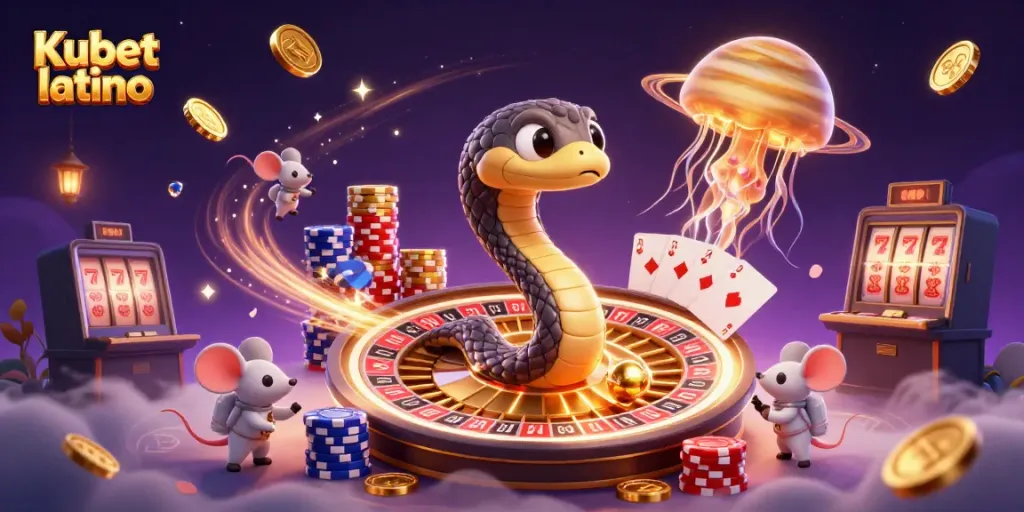 Engage with Kubet latino's vibrant casino universe featuring cosmic elements and animated characters.