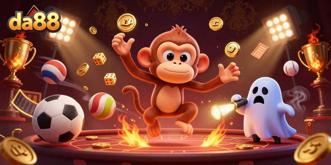 Experience da88's thrilling gaming with a playful poltergeist monkey juggling golden coins and sports balls.