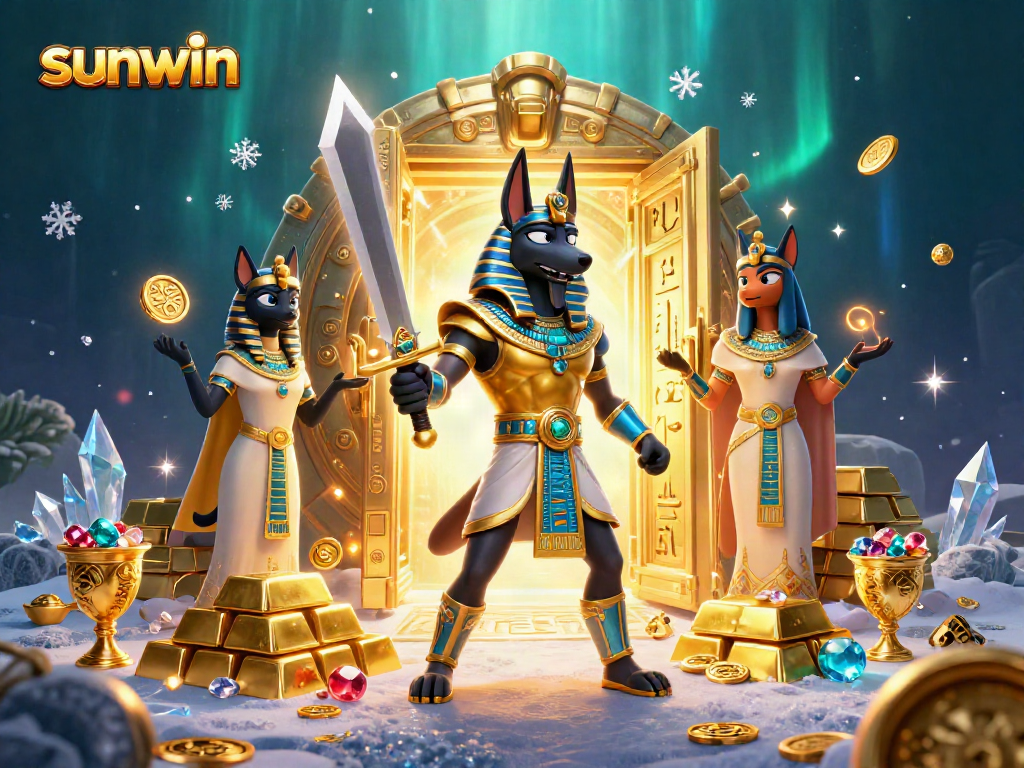 Win big at SunWin with ancient Egyptian characters amidst dazzling treasure and vibrant casino elements.