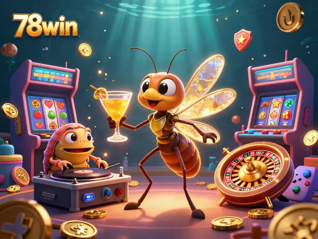 Join 78win at the casino with a lively scene of characters and games, showcasing excitement.