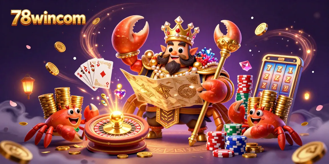 Embark on thrilling adventures with 78wincom's interactive casino experience featuring a treasure map and golden crab.
