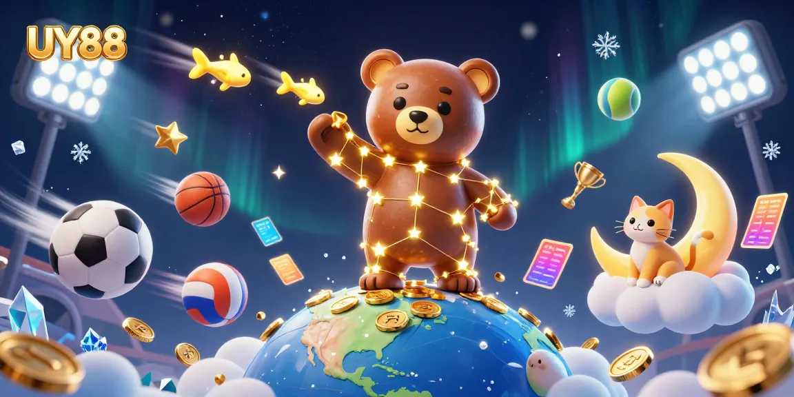 Experience the excitement of UY88 with a vibrant 3D casino-themed illustration showcasing gambling elements.