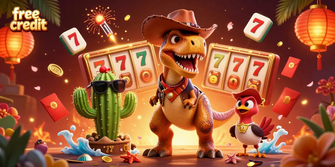 Experience the thrill of online casino gaming with free credit at our vibrant 3D illustration featuring a fun cowboy dinosaur surrounded by slot reels and lucky symbols.